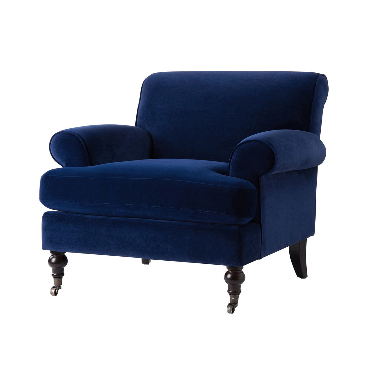 Accent Arm Chair with Casters in blue velvet upholstery and solid hardwood frame on Tampa Home & Garden Store