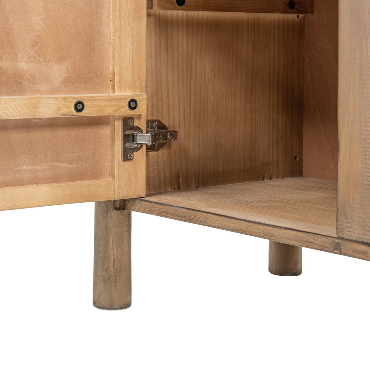 Antique brown two-door accent cabinet in reclaimed wood with metal hinge detail on legs on Tampa Home & Garden Store