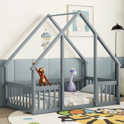 Wood house-shaped floor bed with fence and guardrails gray by Unique Piece Furniture on Tampa Home & Garden Store
