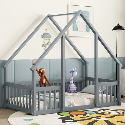 A Wood House Floor Bed with Guardrail Fence