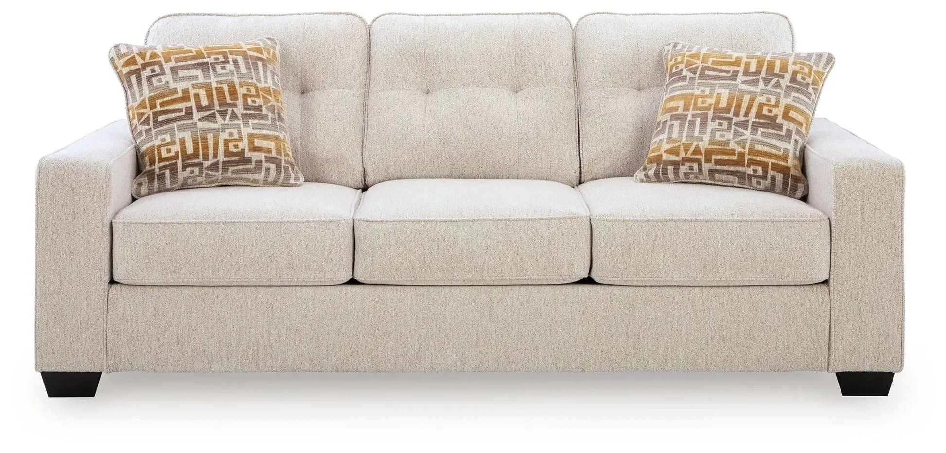 Larimer sofa beige stationary sofa with tufted back and two geometric orange pillows on Tampa Home & Garden Store