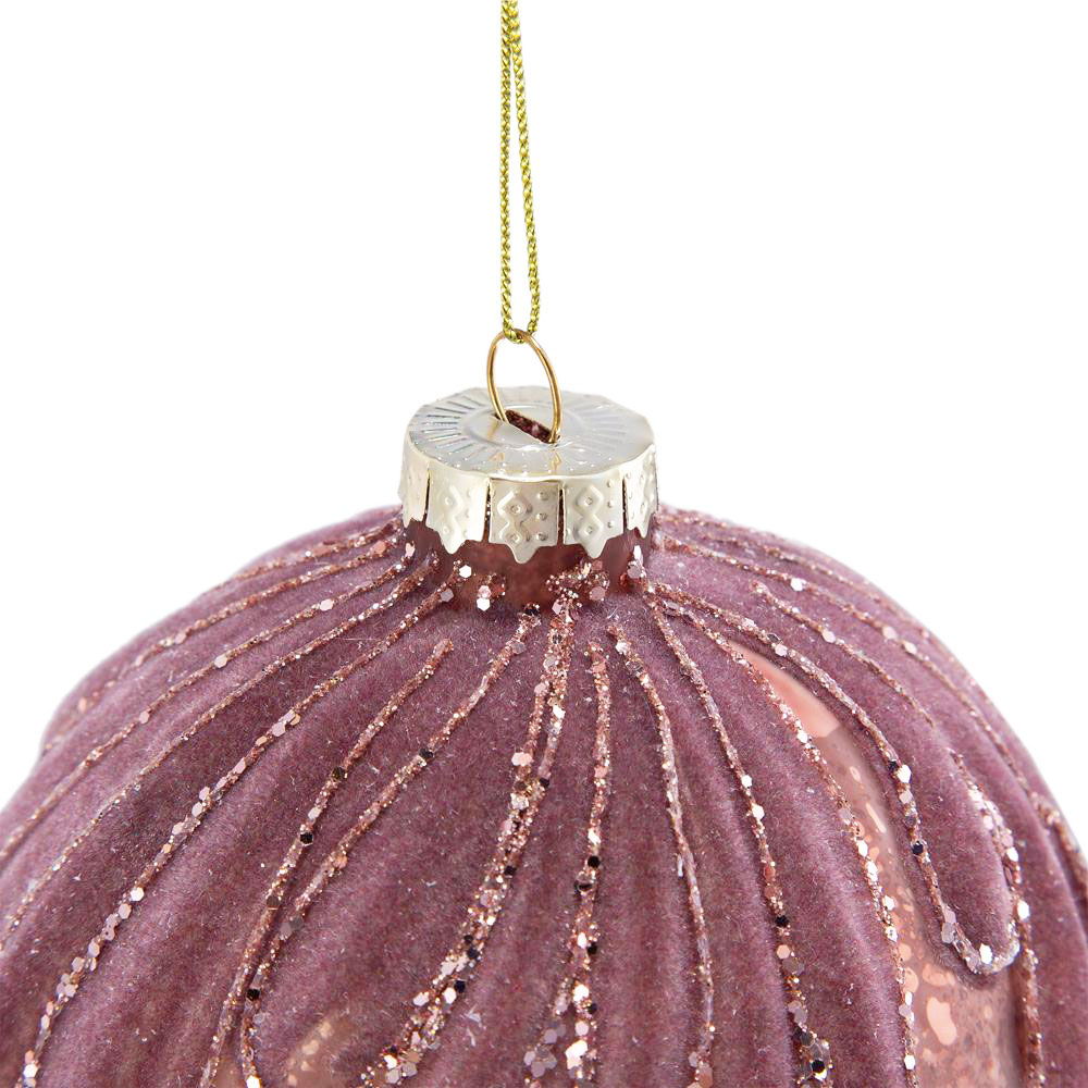 Decorative hanging glass Christmas ball ornament, pink mauve with glitter stripes on Tampa Home & Garden Store