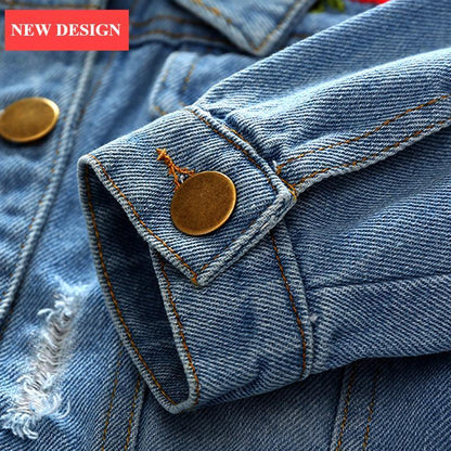 Stevvex denim baby girls jean coat with ripped distress and rose embroidery, blue denim on Tampa Home & Garden Store