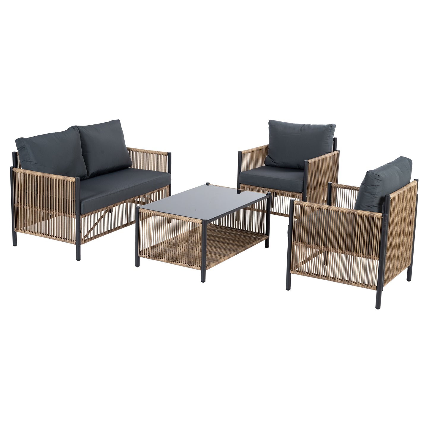 Patio 4-Piece brown PE wicker sofa set with grey cushions and glass coffee table on Tampa Home & Garden Store