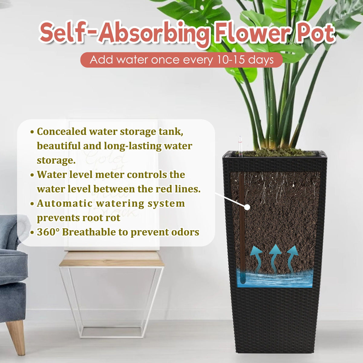 Indoor Outdoor Planter With Automatic Watering System by HouseOfZazla in black woven planter on Tampa Home & Garden Store