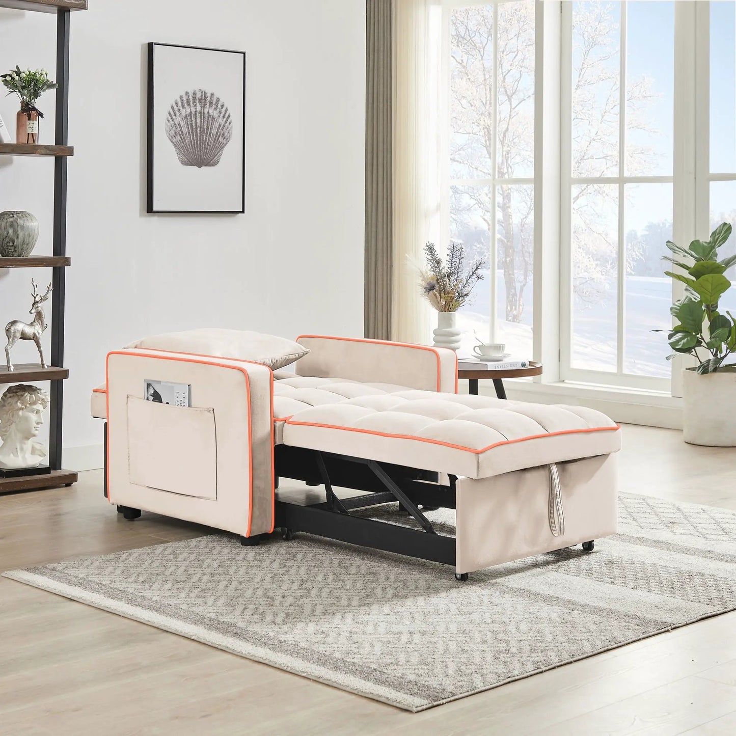 Beige sleeper chair with orange piping, 3-in-1 sofa bed and adjustable recliner on Tampa Home & Garden Store
