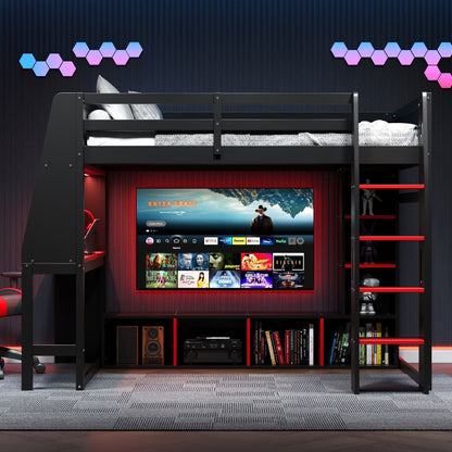 Gaming loft bed with desk, LED lighting, black frame, shelves and clothes rack HouseOfZazla on Tampa Home & Garden Store