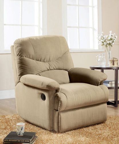 Arcadia Micro Motion Glider Recliner beige microfiber with plush arms in a cozy living room on Tampa Home & Garden Store