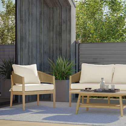 Bayshore Outdoor Conversation Chair set of 2 in natural wood with beige cushions on Tampa Home & Garden Store