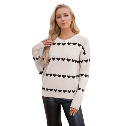 Valentine's Day Love Pullover cream knit sweater with black heart pattern, long sleeves on Tampa Home & Garden Store