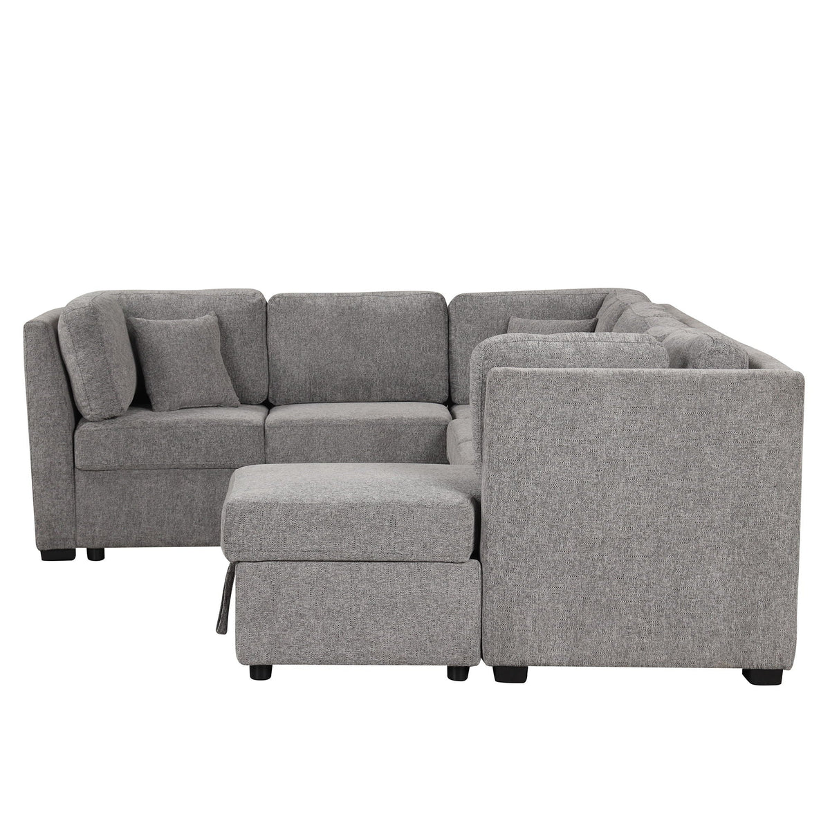U-shaped sleeper sectional sofa in grey fabric with storage chaise and 3 back pillows on Tampa Home & Garden Store