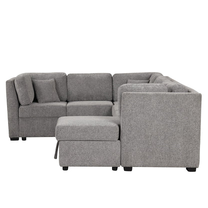 U-shaped sleeper sectional sofa in grey fabric with storage chaise and 3 back pillows on Tampa Home & Garden Store