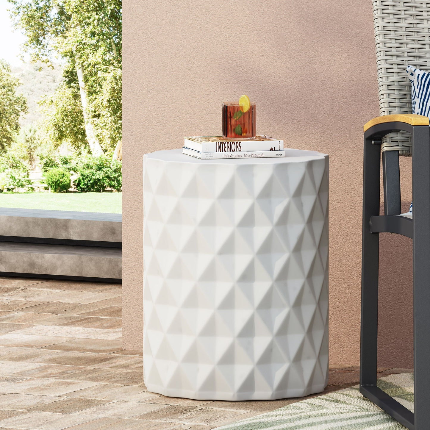 Outdoor Lightweight Concrete Side Table Antique White with geometric faceted surface on Tampa Home & Garden Store