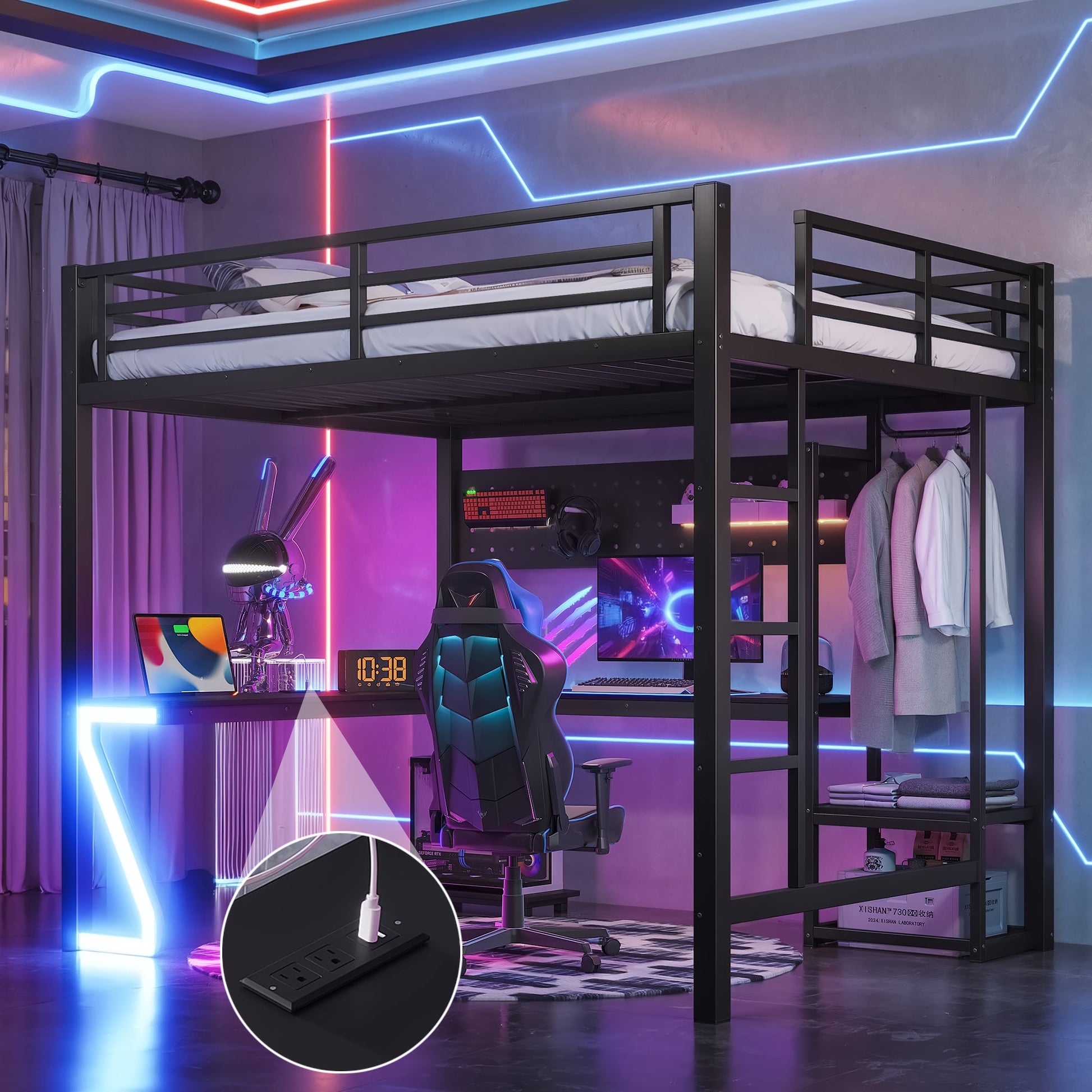 Queen loft bed with L-shaped desk in black metal frame with USB ports HouseOfZazla on Tampa Home & Garden Store