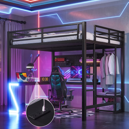 Queen loft bed with L-shaped desk in black metal frame with USB ports HouseOfZazla on Tampa Home & Garden Store