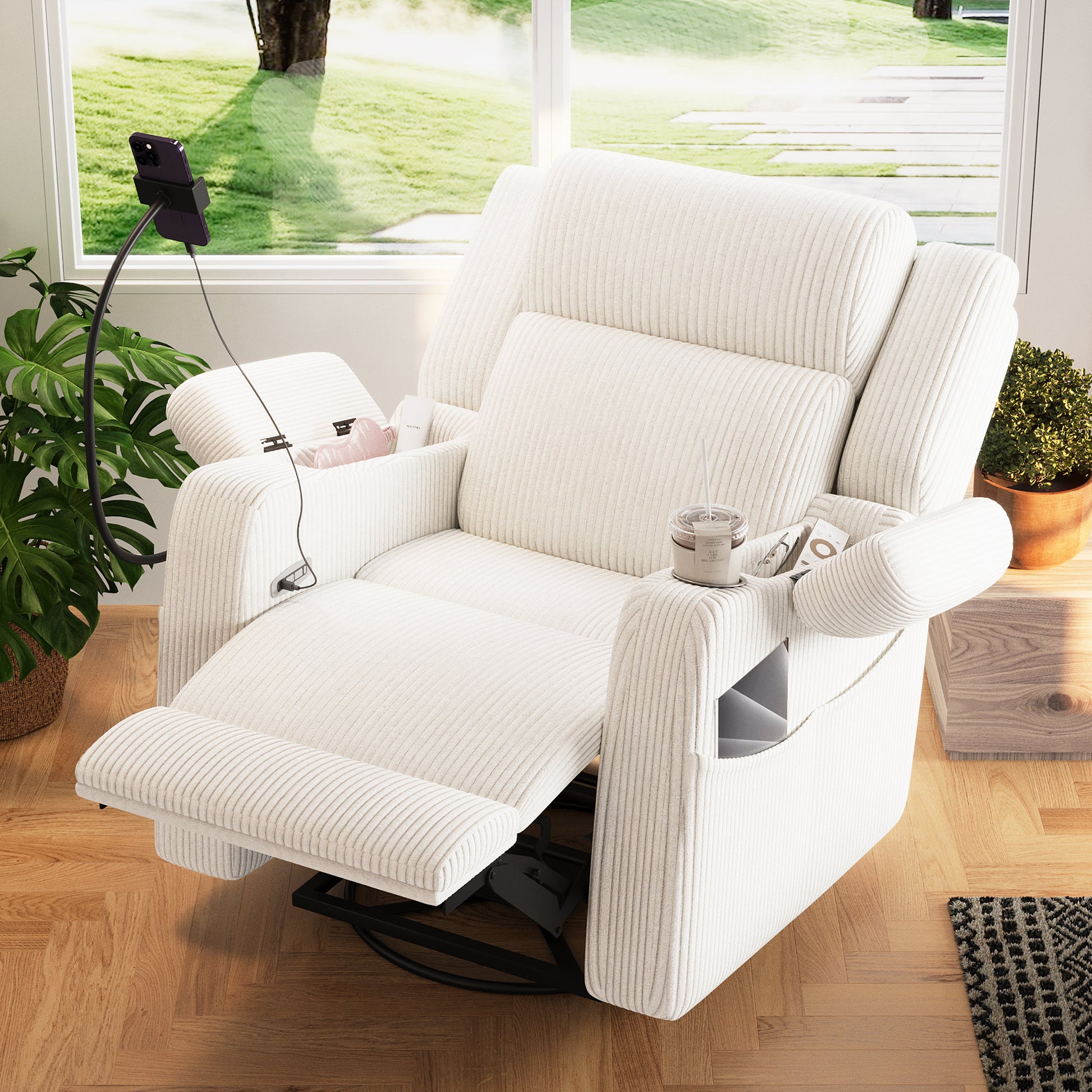 Electric power recliner chair in cream ribbed fabric with footrest heat and massage on Tampa Home & Garden Store