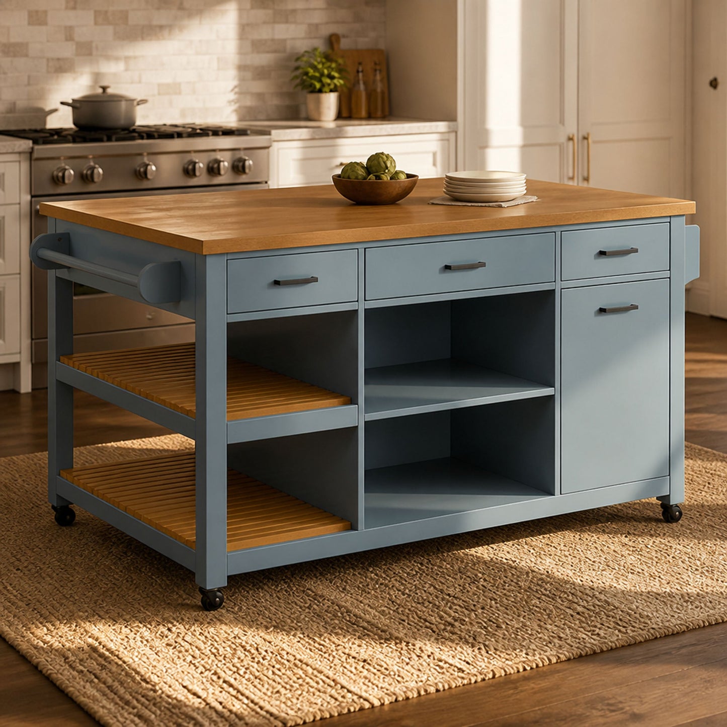 52in kitchen island cart with rubber wood top, blue base on casters on Tampa Home & Garden Store