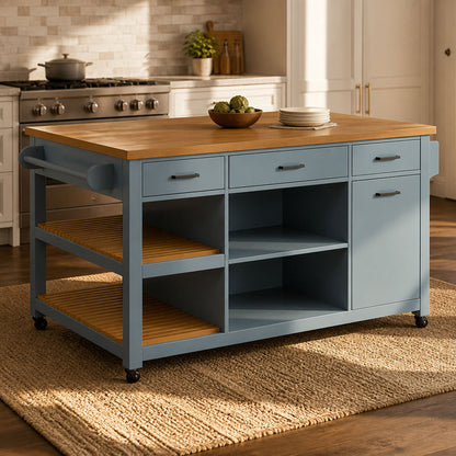 52in kitchen island cart with rubber wood top, blue base on casters on Tampa Home & Garden Store