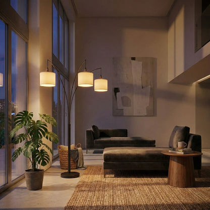 Royal 3-Arm Arc Floor Lamps set of 3 oilrubbed bronze with linen shade, 4way rotary switch on Tampa Home & Garden Store