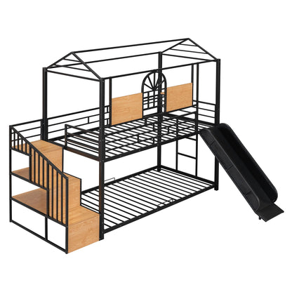 Metal House Bunk Bed With Slide and Storage