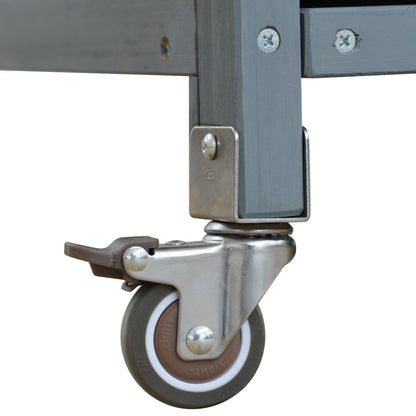 K&K Outdoor Kitchen Island rolling cart close-up wheel on gray wood frame on Tampa Home & Garden Store