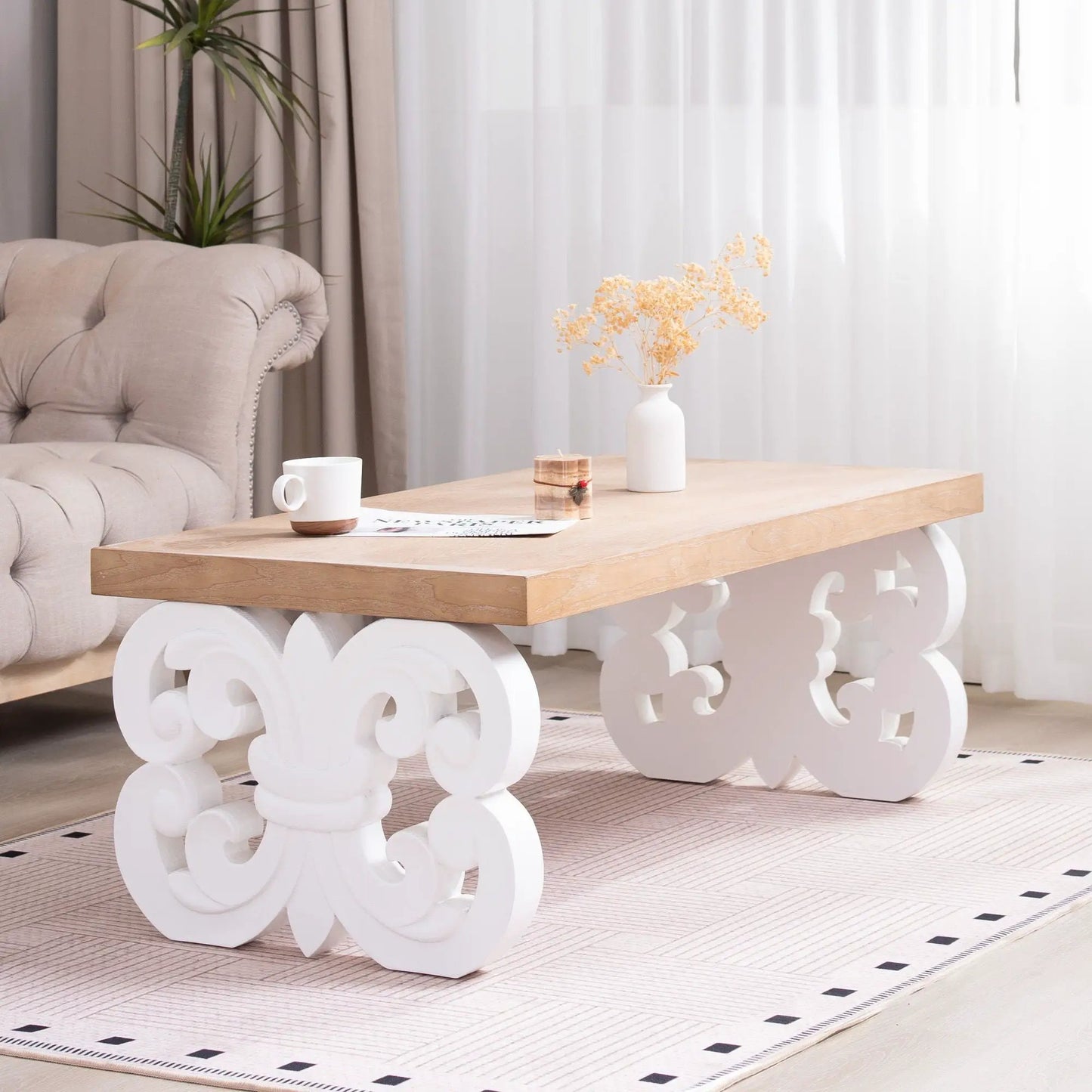 Ornate Scroll Base Coffee Table white legs and natural wood top by Unique Piece Furniture on Tampa Home & Garden Store