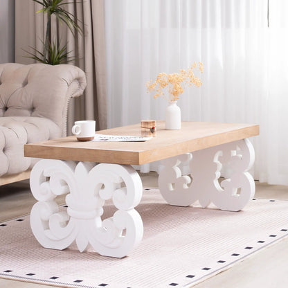 Ornate Scroll Base Coffee Table white legs and natural wood top by Unique Piece Furniture on Tampa Home & Garden Store