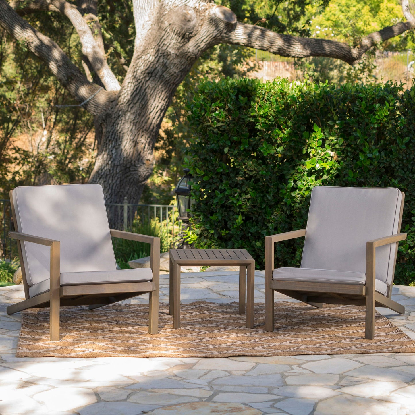 Celestaria 3-Piece Outdoor Chat Set with Adirondack chairs and table, light gray cushions on Tampa Home & Garden Store