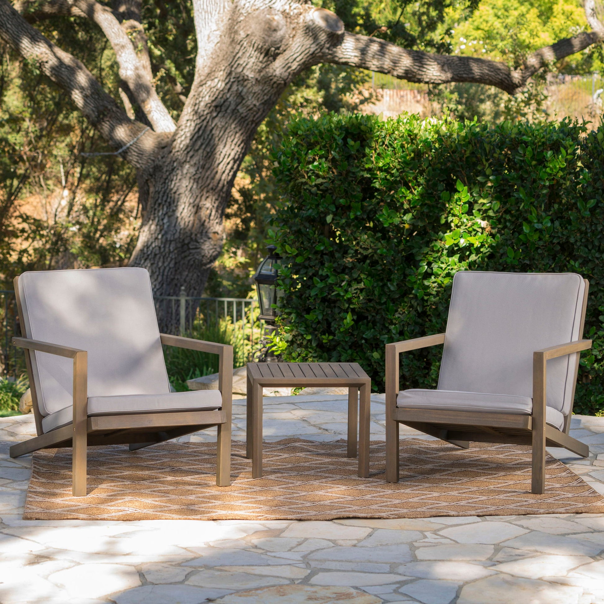 Celestaria 3-Piece Outdoor Chat Set with Adirondack chairs and table, light gray cushions on Tampa Home & Garden Store
