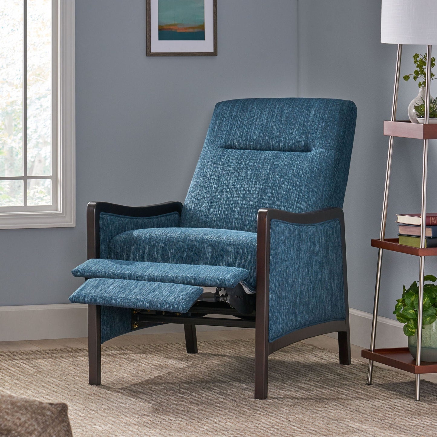 Drury Pushback Recliner by HouseOfZazla in blue textured fabric with dark wood arms on Tampa Home & Garden Store