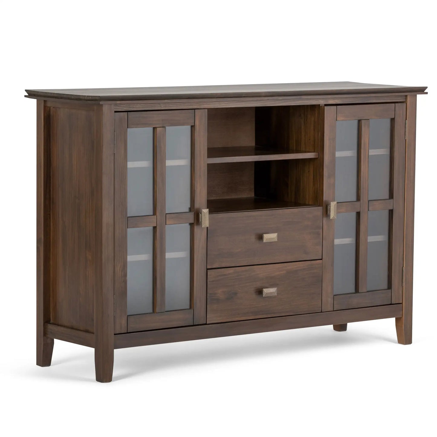Artisan tall TV media stand in natural aged brown wood with glass doors and open shelves on Tampa Home & Garden Store