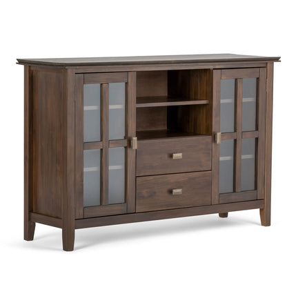 Artisan tall TV media stand in natural aged brown wood with glass doors and open shelves on Tampa Home & Garden Store