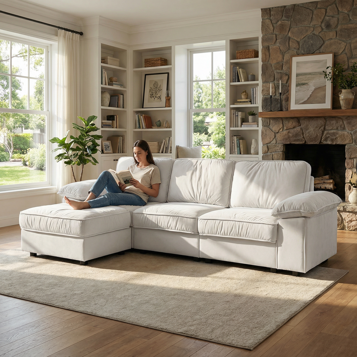 Modern L-Shaped Sectional Sofa with Ottoman in cream fabric 105.5 Inch by HouseOfZazla on Tampa Home & Garden Store