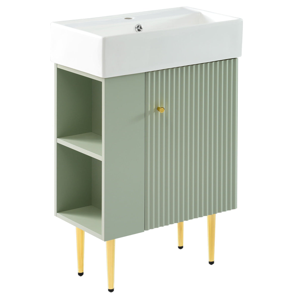 Bathroom vanity with white ceramic sink, sage green cabinet, ribbed panel, gold legs on Tampa Home & Garden Store