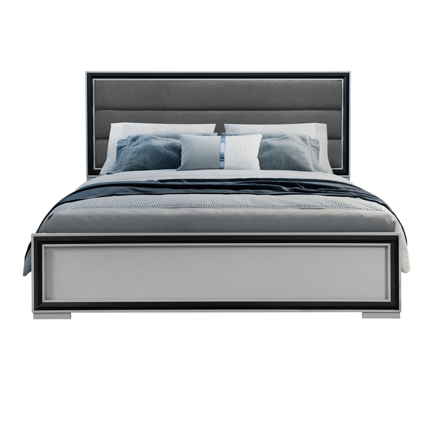 Adelaide bed with LED by HouseOfZazla, grey upholstered platform bed with paneled headboard on Tampa Home & Garden Store