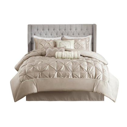 7 Piece Tufted Taupe King Size Comforter Set