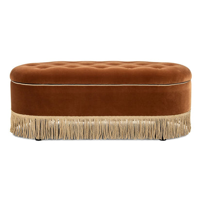 Melinda Oval Tufted Bullion Fringe Storage Bench brown velvet with fringe trim by HouseOfZazla on Tampa Home & Garden Store