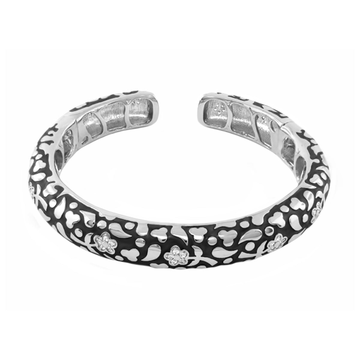 Hinged bangle Flowers by Orly Slim Pavé Blossom Cuff in silver with black enamel floral cutouts on Tampa Home & Garden Store