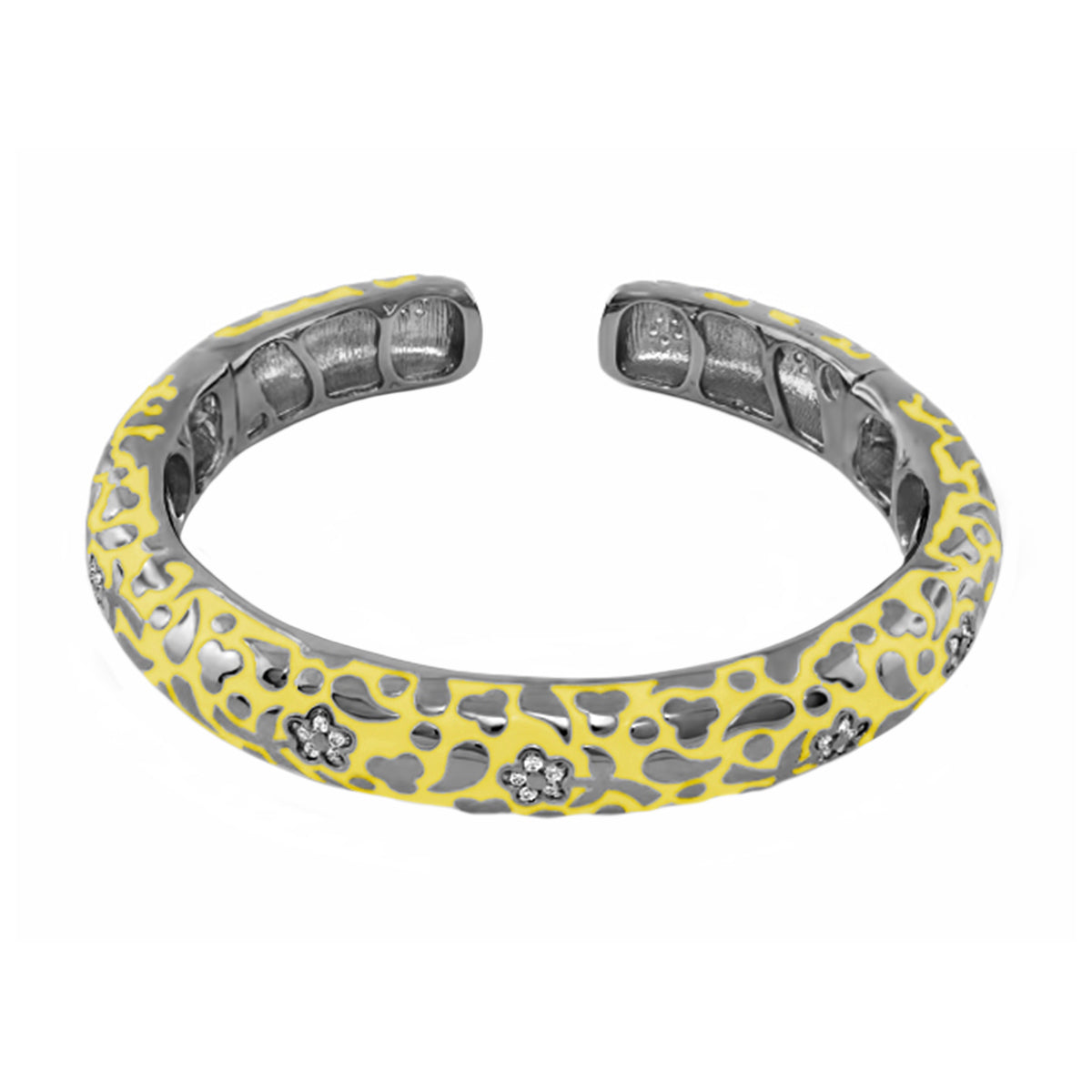 Flowers by Orly Bangle Slim Pavé Blossom Cuff, hinged yellow enamel over silver with pavé flower accents on Tampa Home & Garden Store
