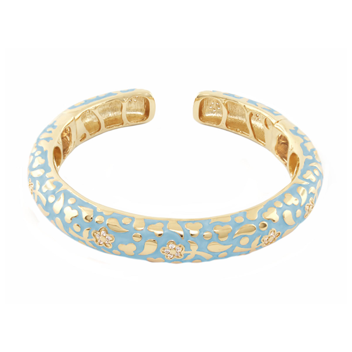 Flowers by Orly Bangle Pavé Blossom Cuff blue enamel with gold floral cutouts hinged bracelet on Tampa Home & Garden Store