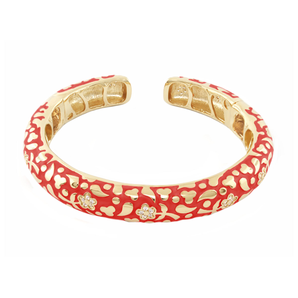 Flowers by Orly Bangle — Slim Pavé Blossom Cuff, gold-tone hinged bracelet with red enamel floral lattice by Lauren G Adams on Tampa Home & Garden Store