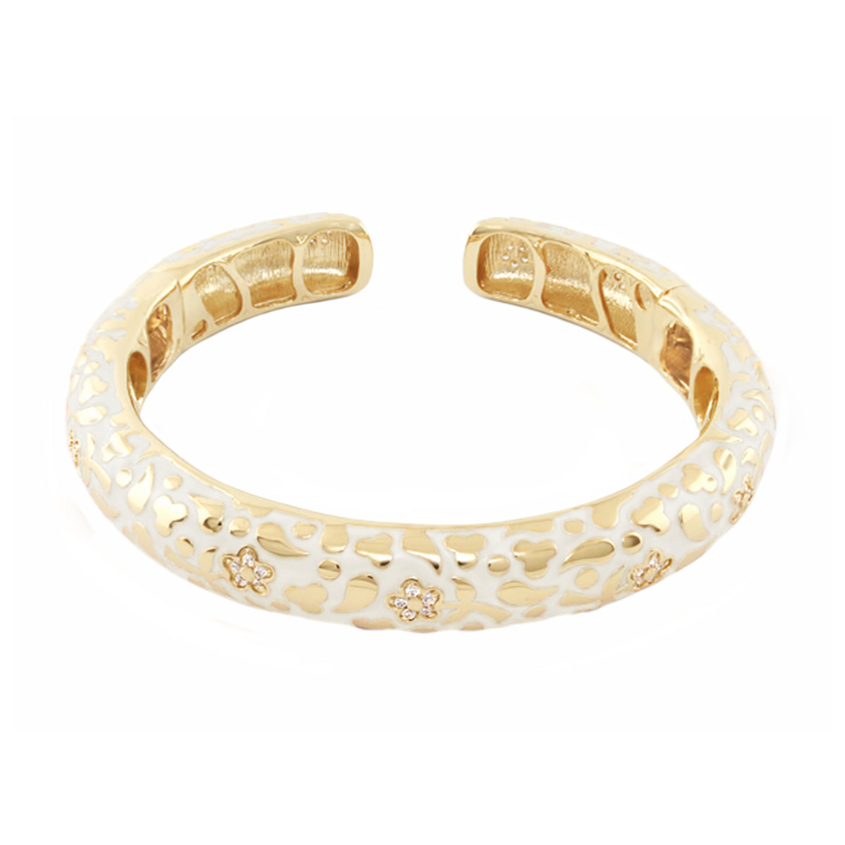 Gold-tone hinged bangle with white floral lattice and crystal flowers, Lauren G Adams on Tampa Home & Garden Store