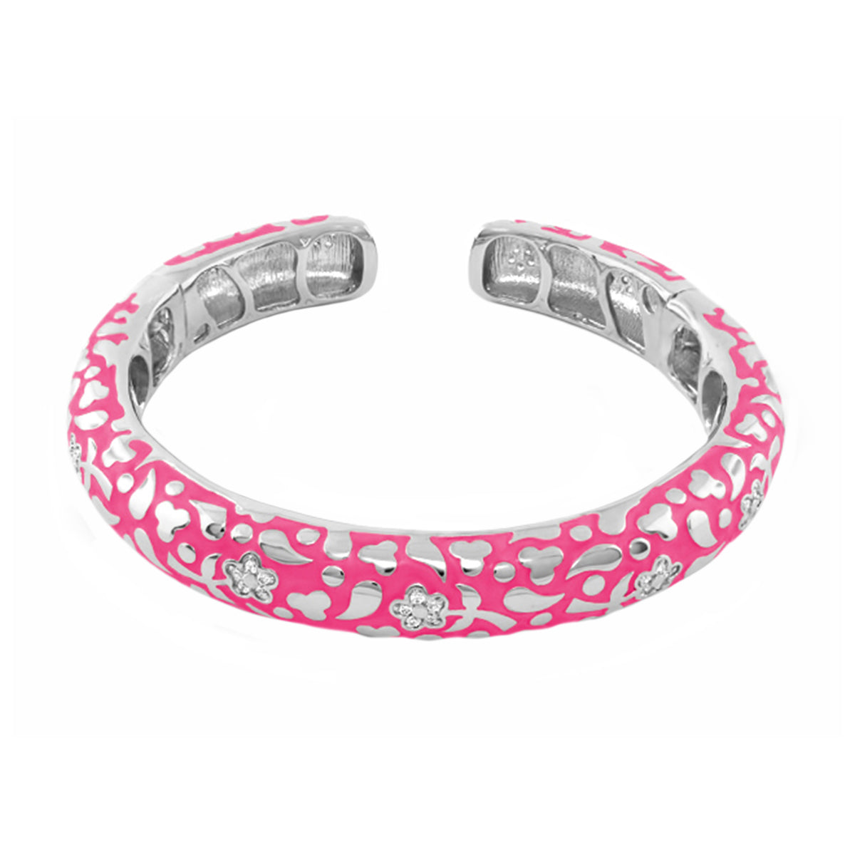 Flowers by Orly Slim Pavé Blossom Cuff hinged bangle pink enamel with floral cutouts on Tampa Home & Garden Store