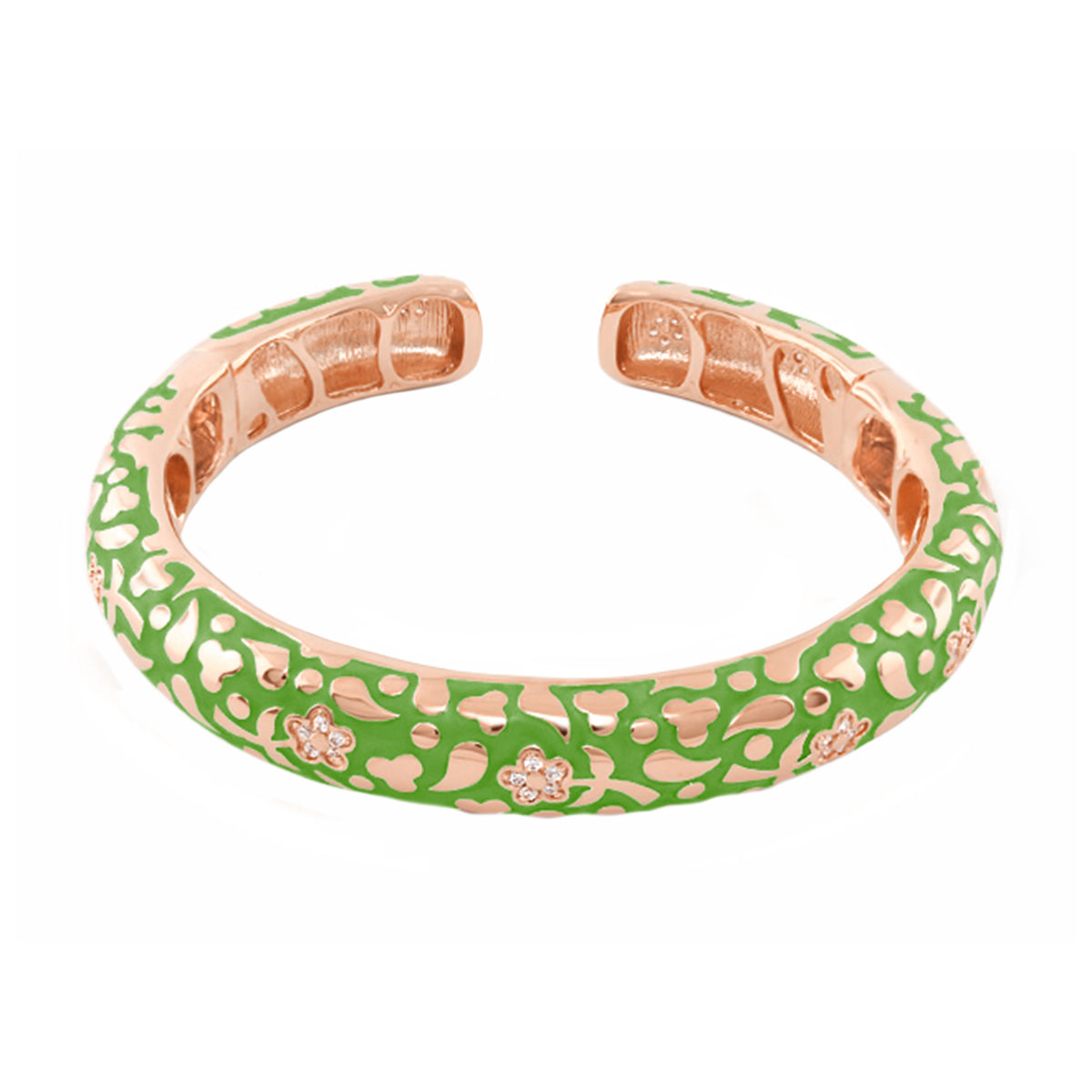 Flowers by Orly Bangle Slim Pavé Blossom Cuff, rose-gold hinged bracelet with green enamel on Tampa Home & Garden Store