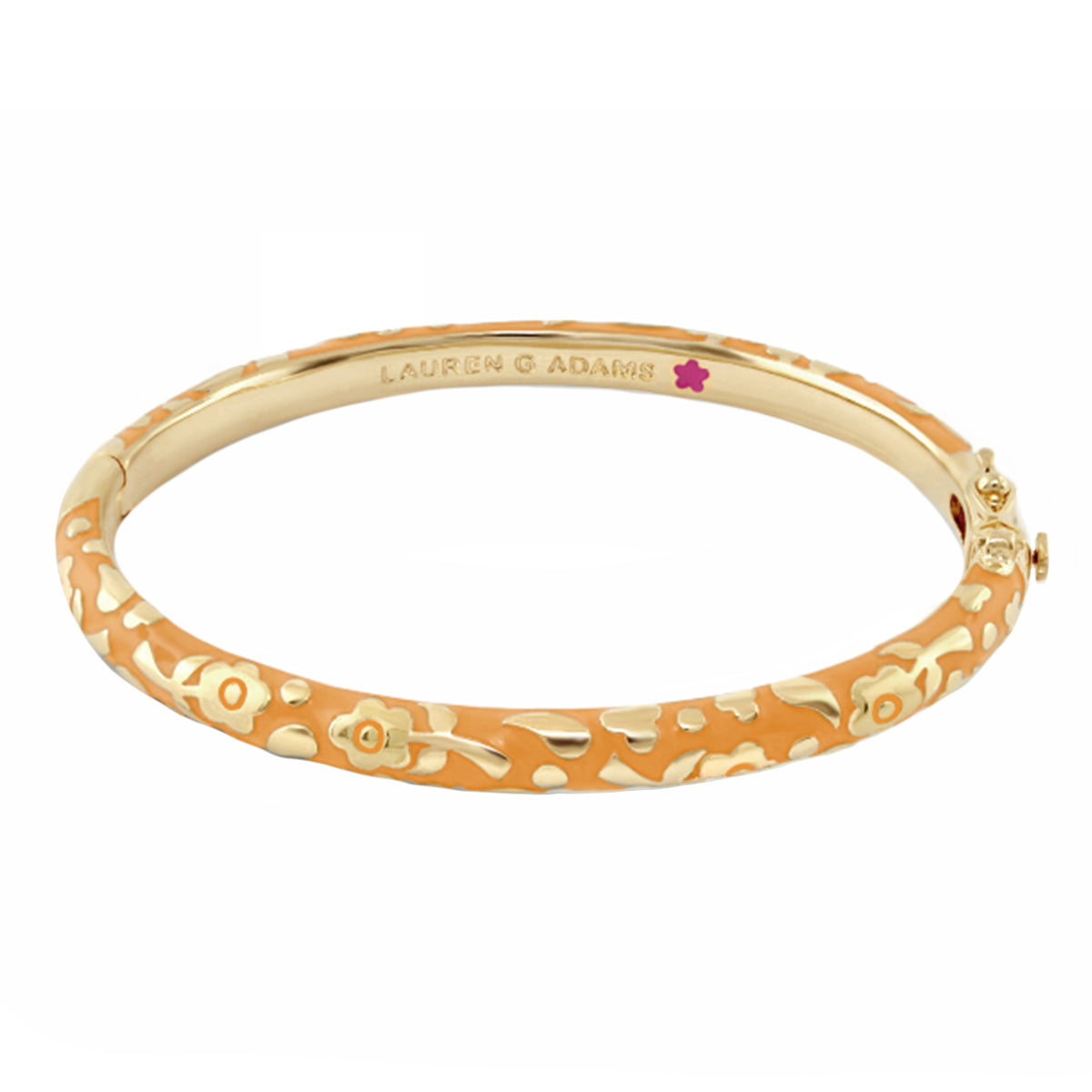 Flowers by Orly Stackable Bangle, bracelet with orange enamel blooms, Lauren G Adams engraving on Tampa Home & Garden Store