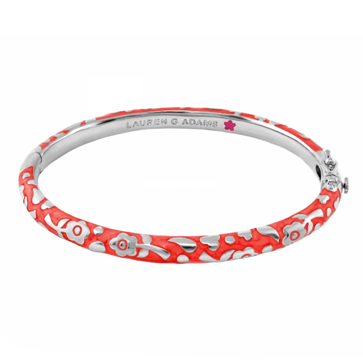 Flowers by Orly stackable bangle bracelet in coral enamel with silver floral cutouts on Tampa Home & Garden Store