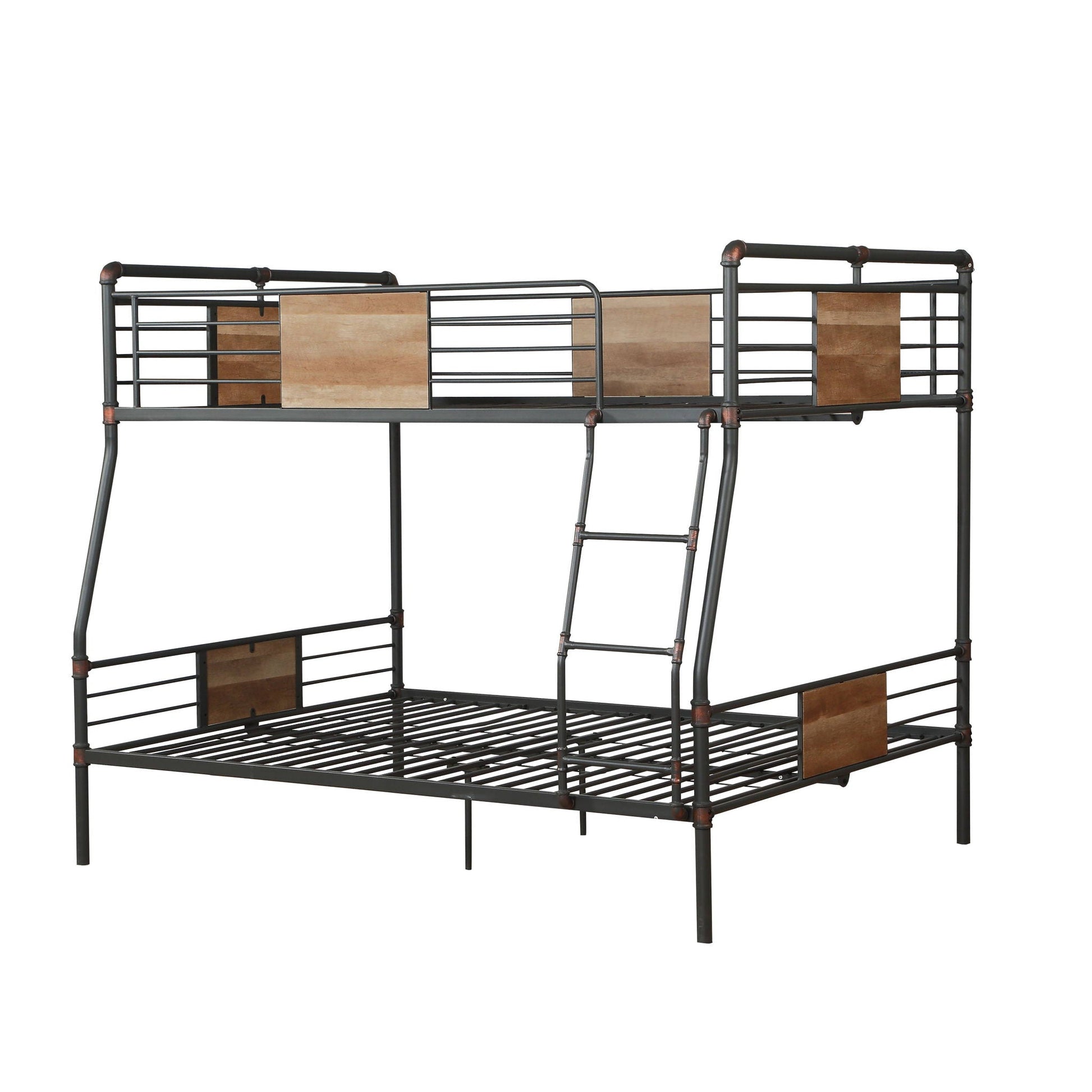 Brantley bunk bed full long / queen, black metal frame with wood panels, two beds, ladder on Tampa Home & Garden Store