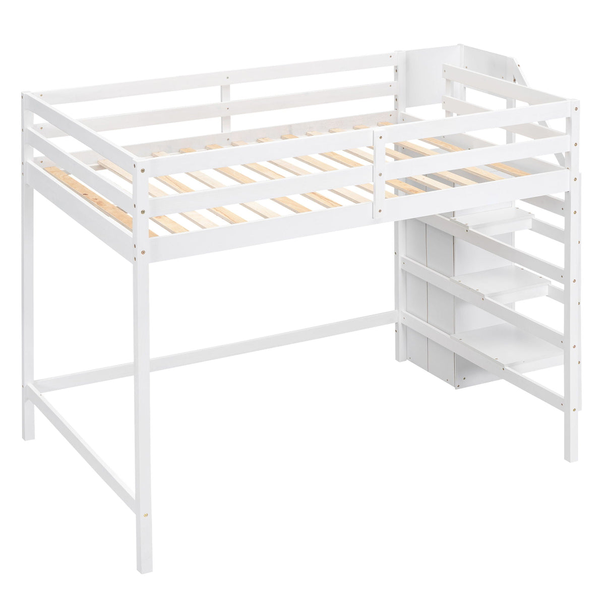 White loft bed with built-in storage wardrobe and staircase, wooden slatted bed base on Tampa Home & Garden Store