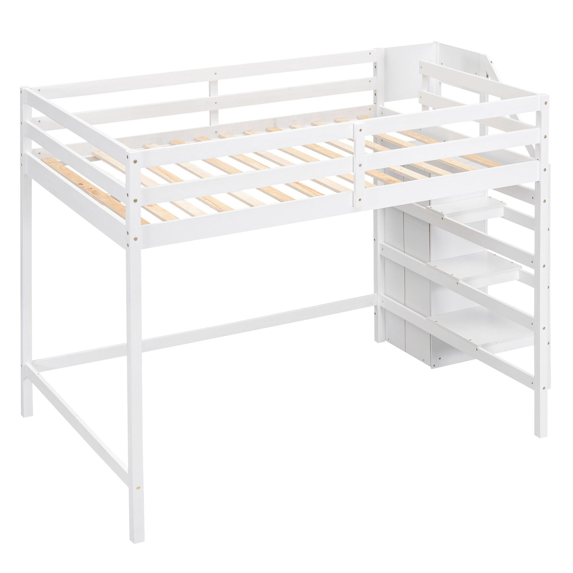 White loft bed with built-in storage wardrobe and staircase, wooden slatted bed base on Tampa Home & Garden Store