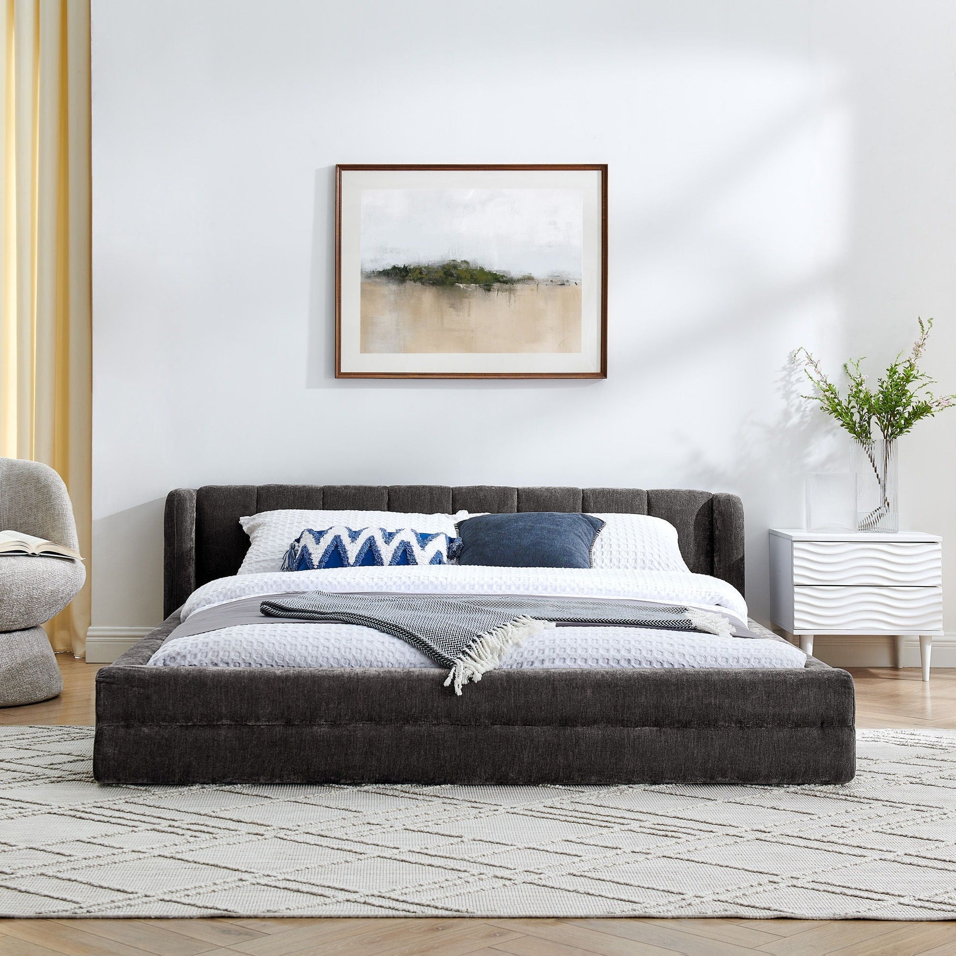 HouseOfZazla modern upholstered bed frame in charcoal gray fabric with thick headboard on Tampa Home & Garden Store